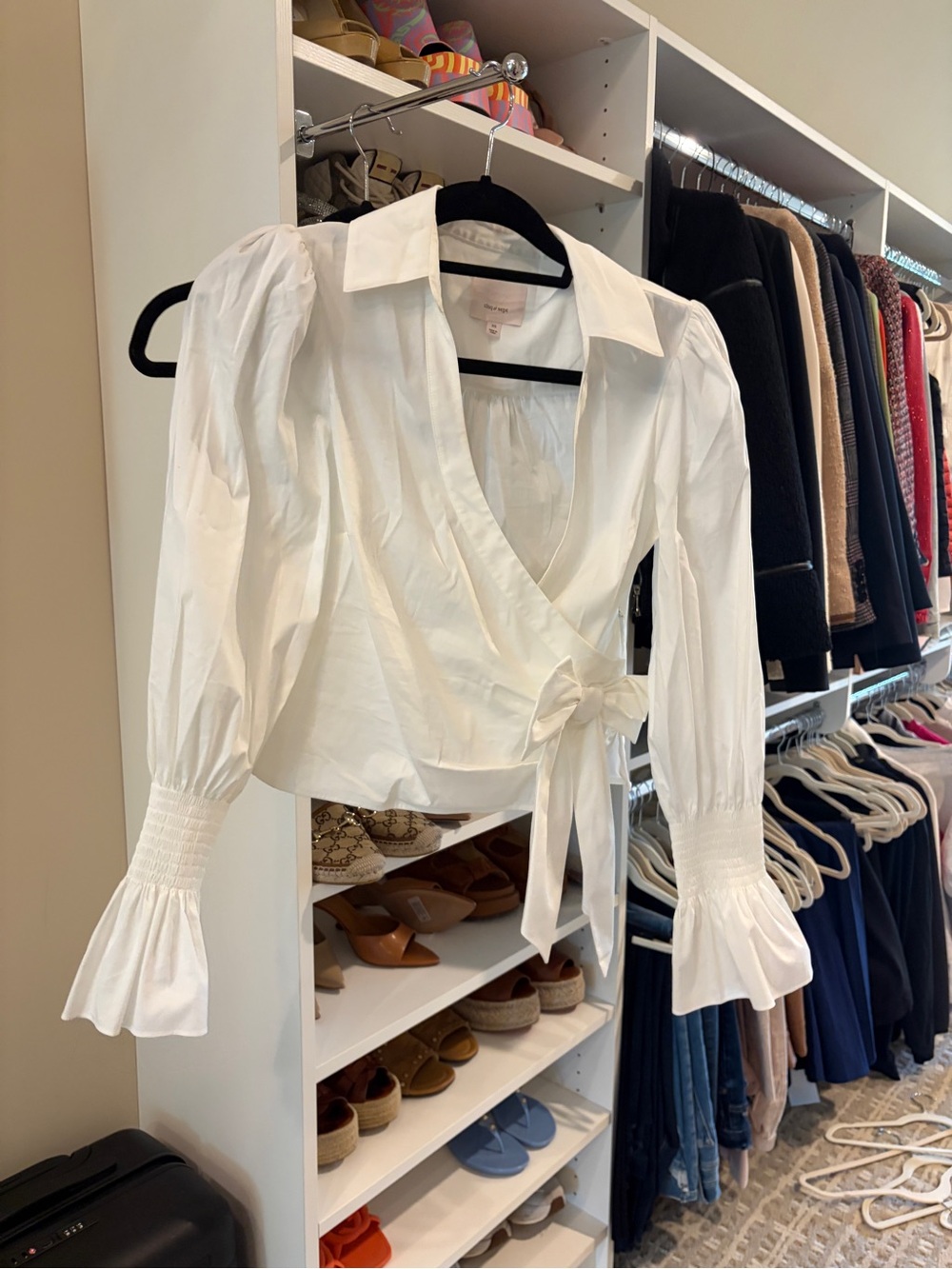 cinq a sept White Wrap Tie Blouse with Puff Sleeves